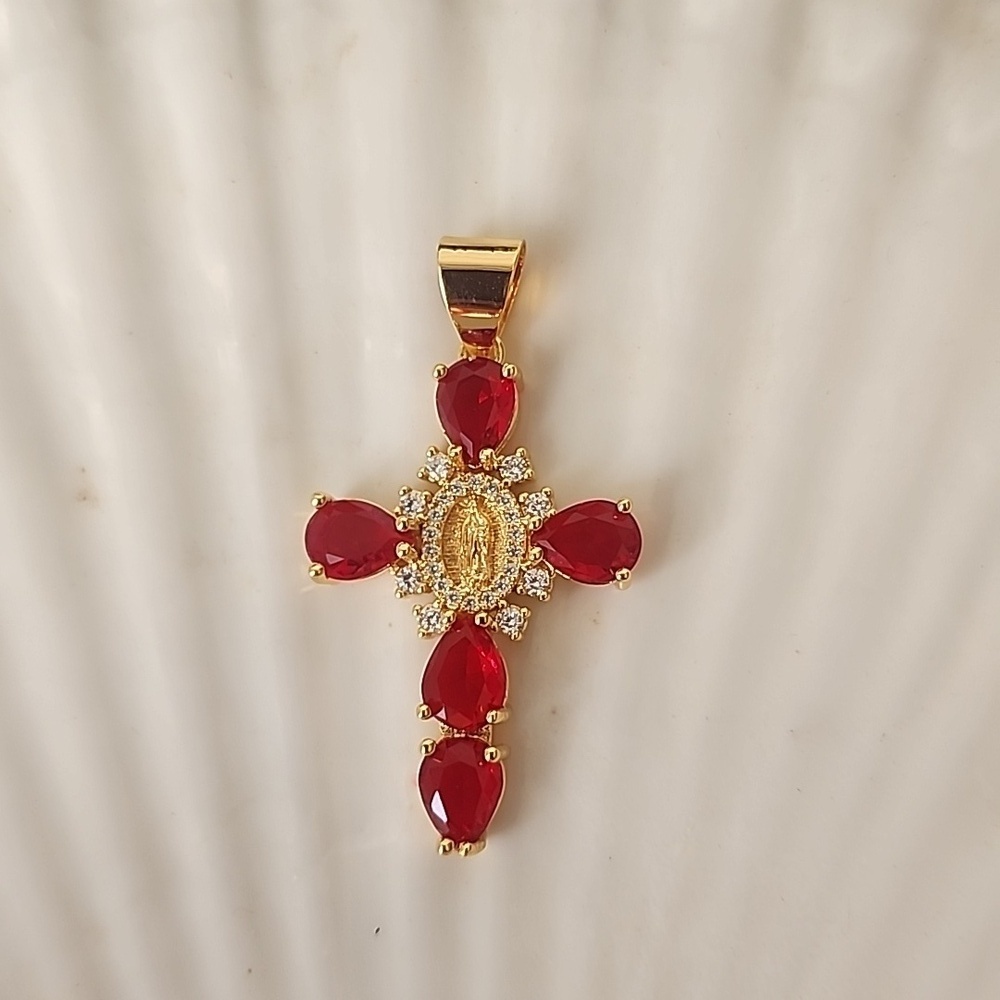 Gold Steel Cross Pendant Crystal Simulated Red Ruby Stones and Virgin Ma…